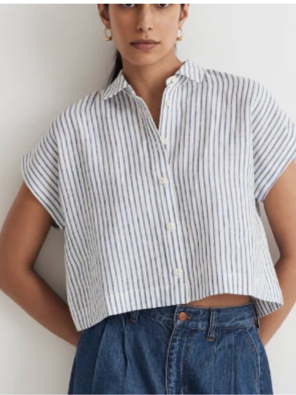 Madewell White and Blue Striped 100% Linen Button-Front Crop Shirt